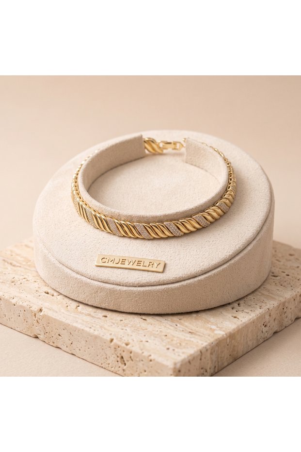 Vip Series 316L Steel Gold Color Dense Zircon Stone Crossed Striped Spiral Bracelet 17+2 cm