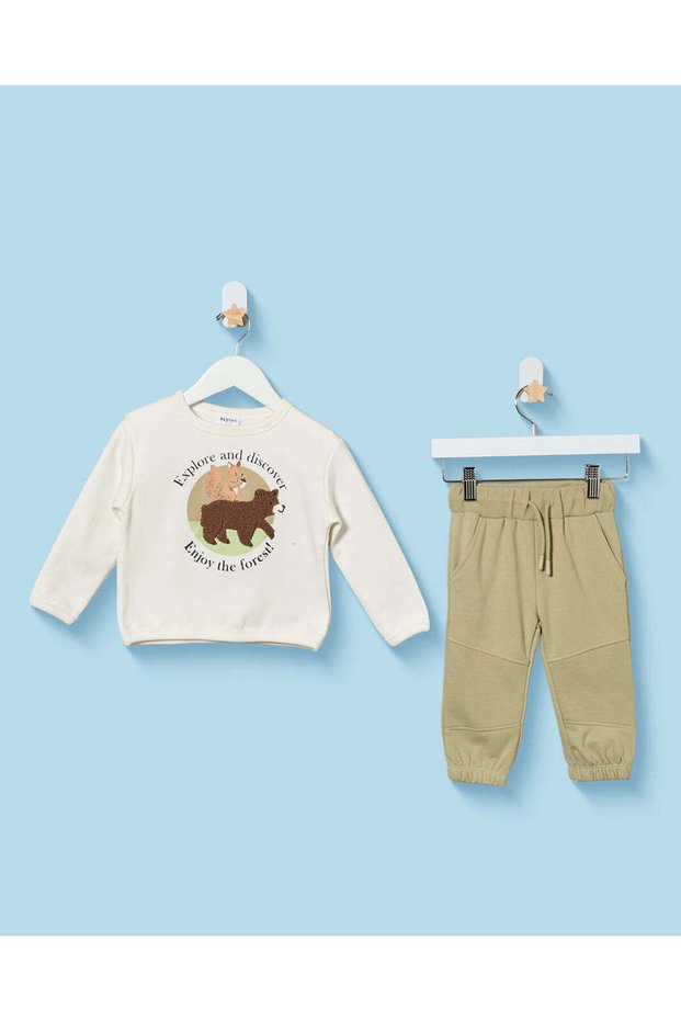 Infant Boys Ivory And Green Bear Jogger Set 3 Piece