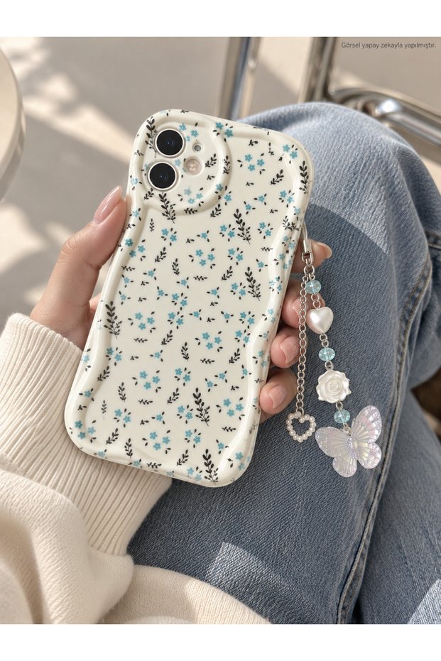 iPhone 11 Phone Charmli Blue Flower Patterned Ecru Case