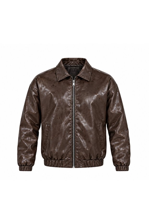Men's Pu Leather Premium Bomber Coat Quilted Lined Leather Jacket Water and Wind Resistant Taba