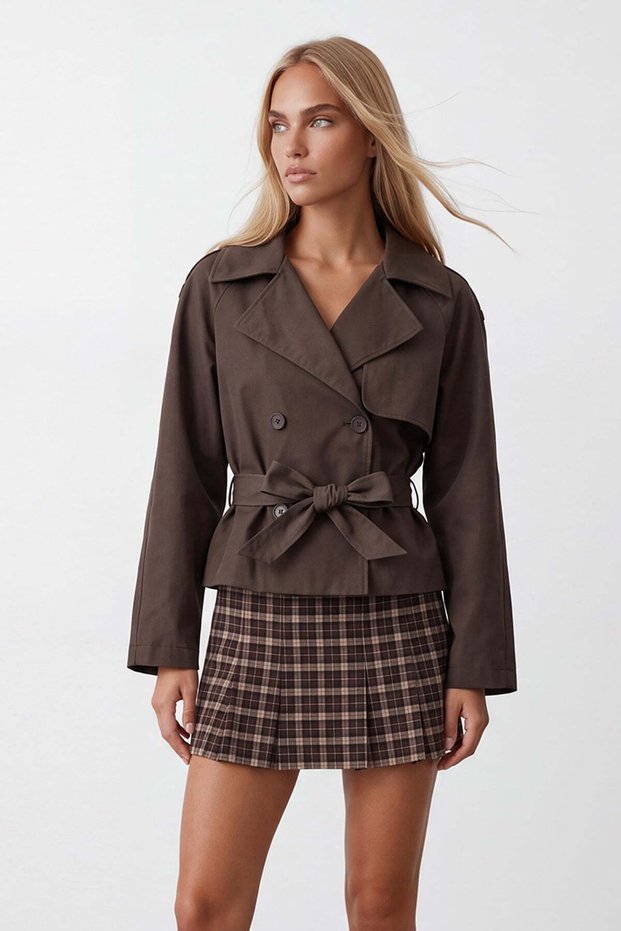 Women's coffee buttoned front tie trench coat alc-x15891