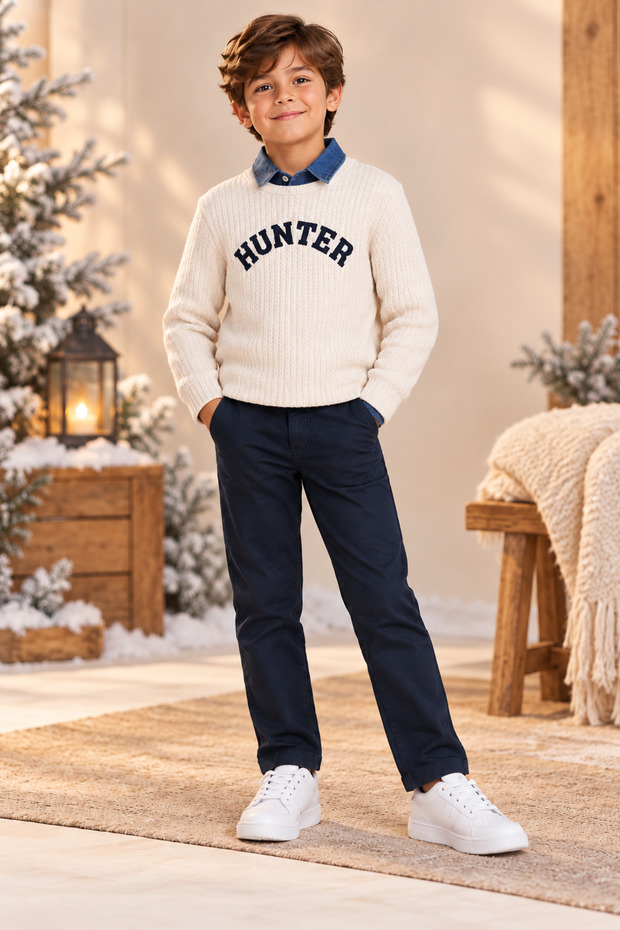 Boy's Hunter Knitwear Sweater Denim Shirt Pants 3-Piece Set Holiday Set
