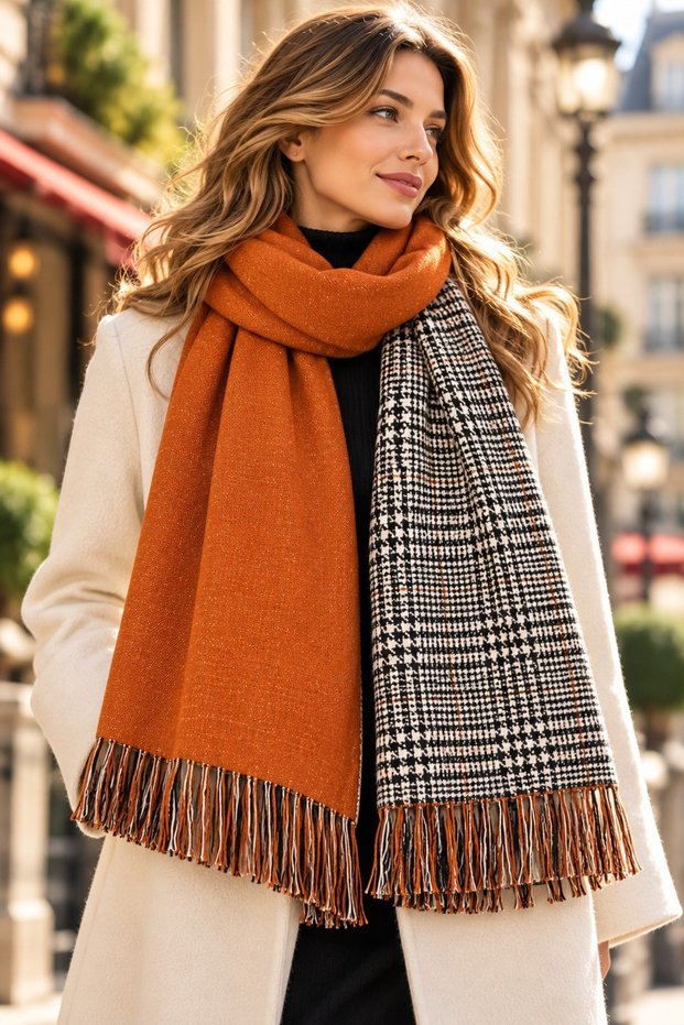Valencia | Women's Double-Sided Tile Orange Winter Shawl Scarf 75X180 cm | Oversize Plaid Houndstooth Patterned Thick Soft Tassel Shoulder Shawl