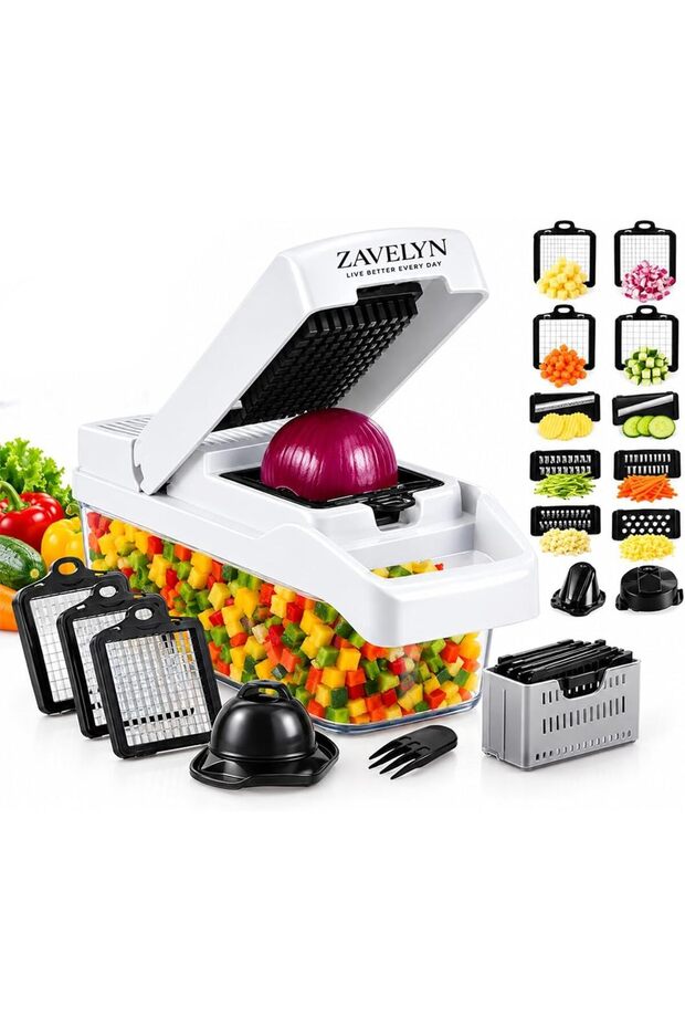 ZAVELYN 22-in-1 Vegetable Chopper with 13 Stainless Steel Blades, Safety Lock, BPA-Free Veggie Chopper, Onion Chopper, Vegetable Slicer & Dicer with Food Container, White