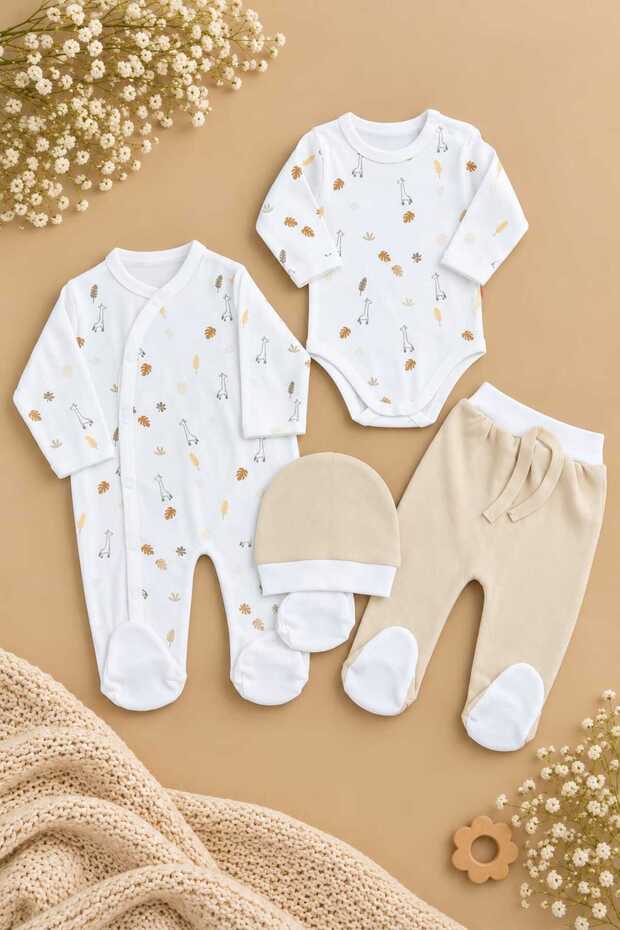 100% Cotton 4-Piece Baby Hospital Discharge Set: Romper, Bodysuit, Hat, Booties, Pants Set