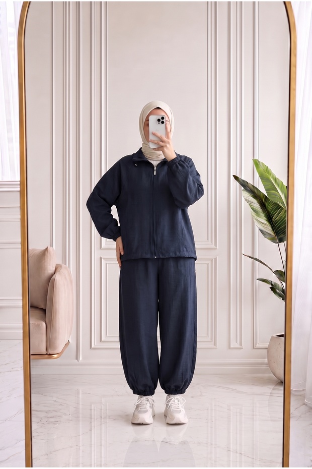 Arlina Collar Detailed Elastic Cuffed Trousers Suit-Nl1047 Navy Blue