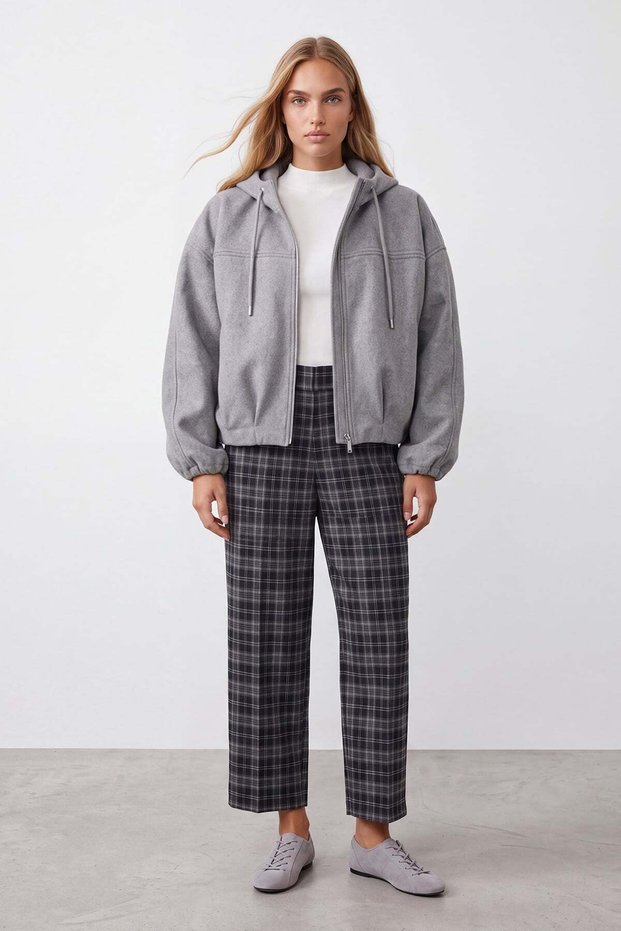 Women's Gray Hooded Long Sleeve Zippered Cashmere Coat Alc-X15903
