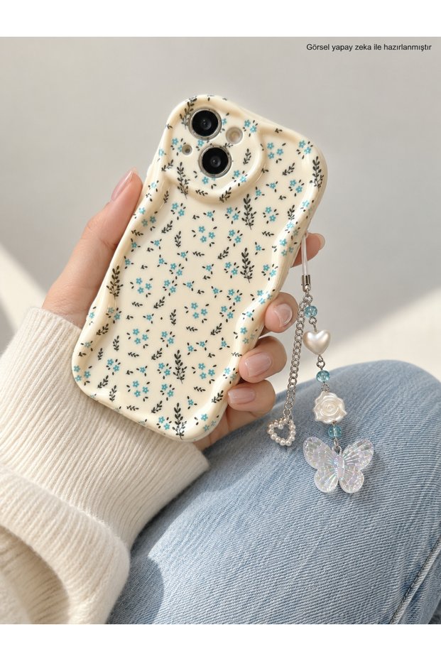 iPhone 14 Plus Phone Charmli Blue Flower Patterned Ecru Case