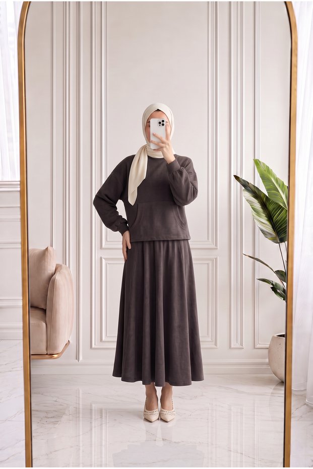 Deryanur Kangaroo Pocketed Pique Skirt Suit-Nl678.1 Brown
