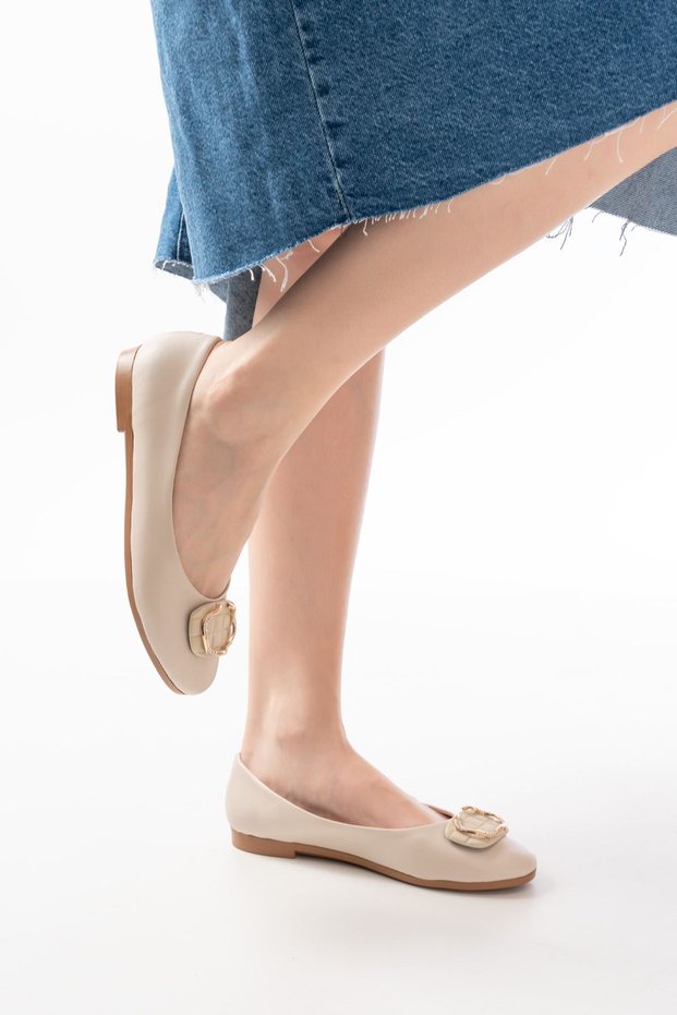 İnf-325 Beige Casual Women's Ballerinas with Buckle Accessories