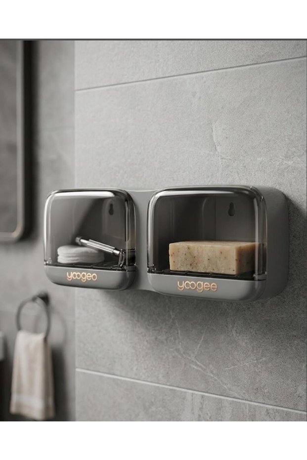 Wall Mounted Adhesive 2 Lid Drawer Plastic Soap Dispenser