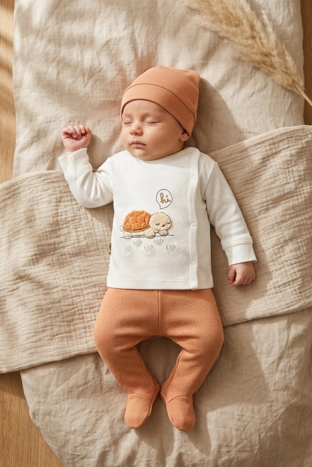Turtle Hug 100% Cotton 3-Piece Newborn Baby Set 0-3 Months - Top with Side Snaps, Pants with Booties and B