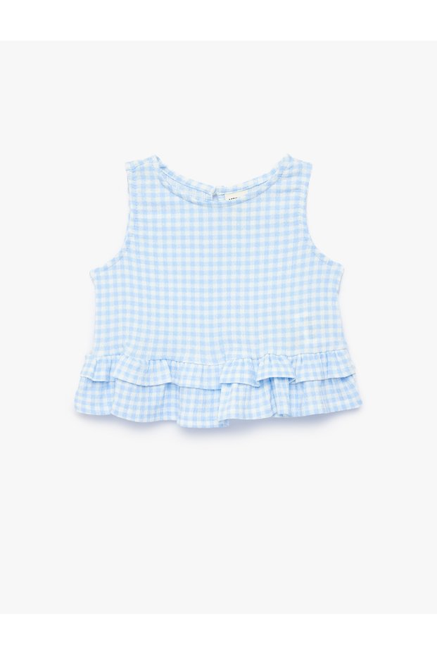 Ruffle Detailed Sleeveless Crew Neck Gingham Tank Top