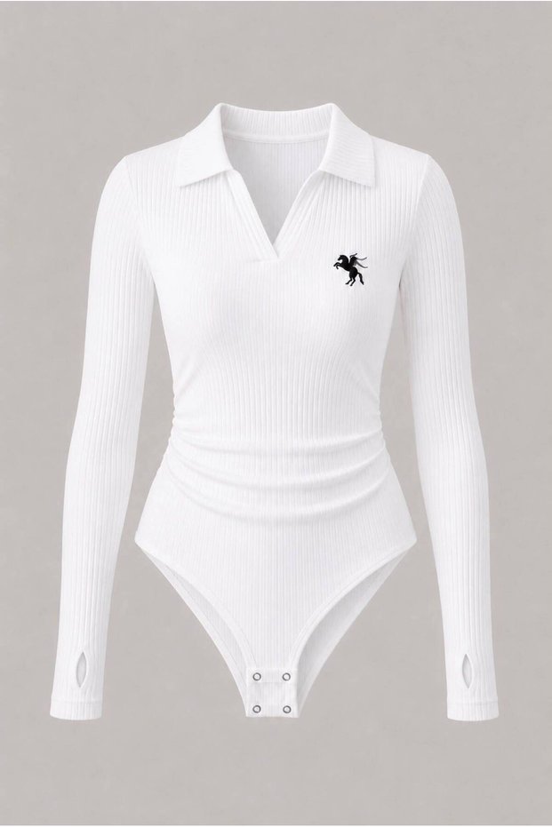White Polo Collar Long Sleeve Ribbed Lycra Premium Bodysuit