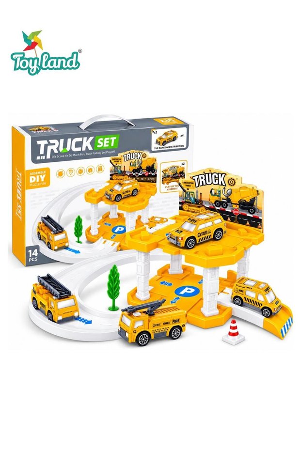 Kids Construction Truck Parking Garage Playset 14 PCS DIY Building Toy with 2 Construction Vehicles, Curved Track, Ramps & Parking Station, Pretend Play Vehicle Set for Ages 3+