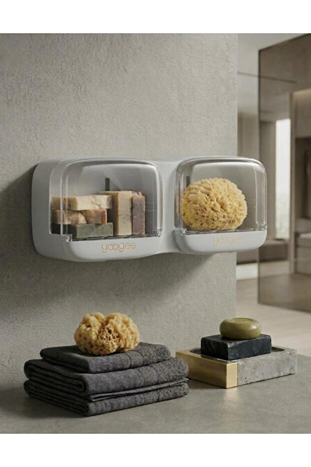 Wall Mounted Adhesive 2 Lid Drawer Plastic Soap Dispenser