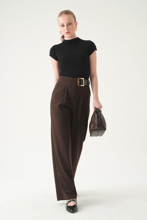 Belt Detail Palazzo Trousers 8421A Brown