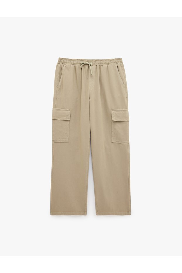 Cotton Pocketed Gabardine Cargo Pants with Elastic Waist and Laces