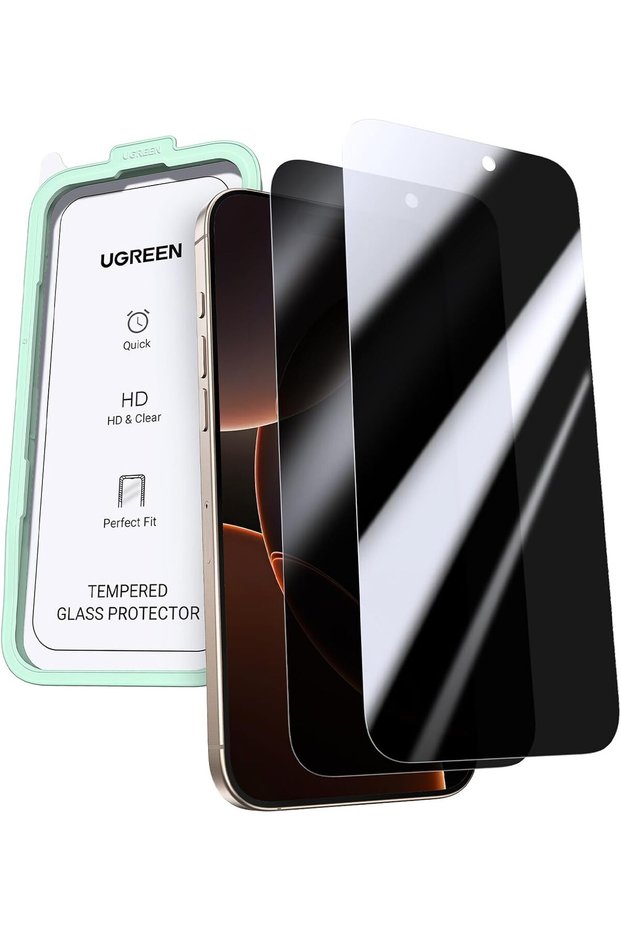 عبوة من قطعتين لحماية شاشة iPhone 16 Pro Max، توفر الخصوصية والحماية من السقوط.