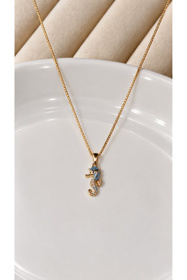 Gold Plated Blue Enamel Seahorse Figured Stylish Necklace
