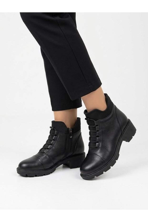 Women's Black Genuine Leather Rubber Laced Non-Slip Sole Casual Boots