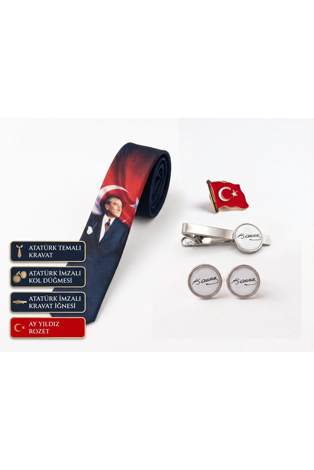 Ataturk Themed and Signed 4-Piece Men's Accessory Set – Tie, Cufflinks, Tie Clip, and Badge