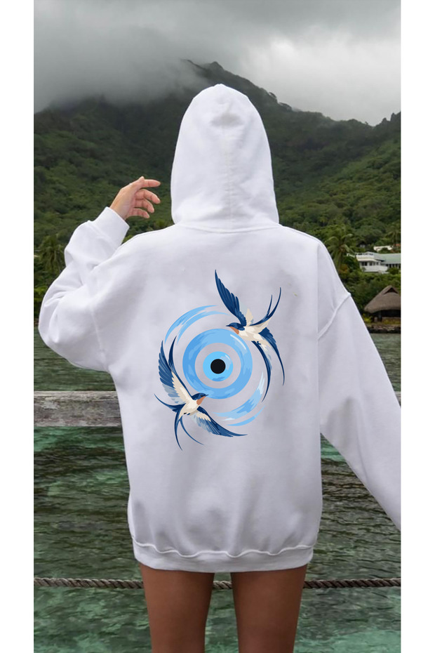 Mi̇sti̇k Mix Printed Oversize Hooded Cotton White Sweatshirt