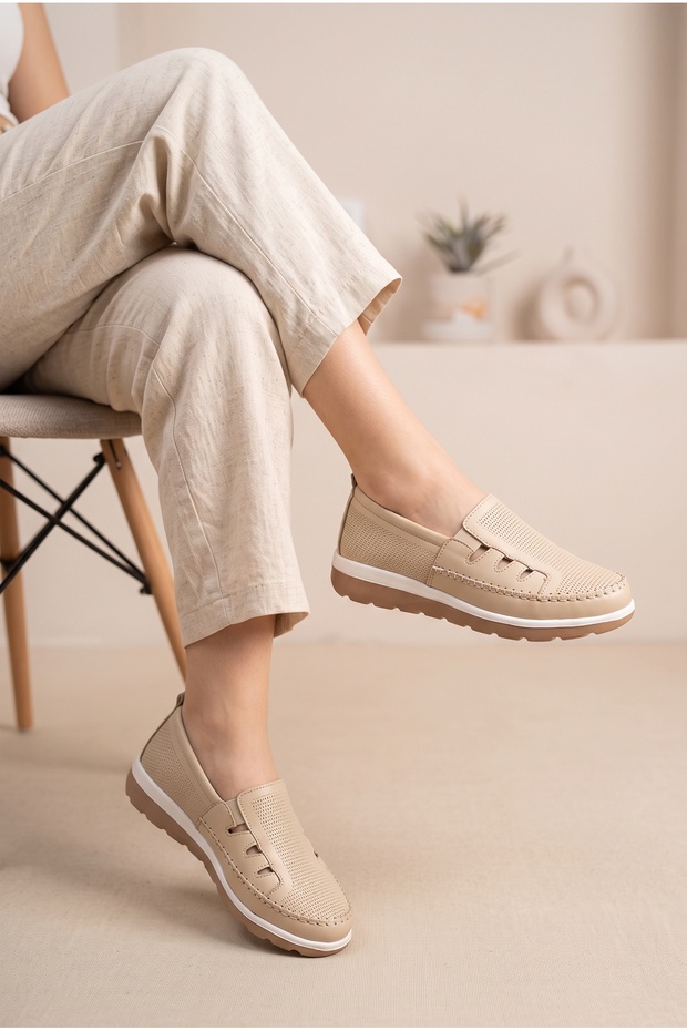 Women's Leather Laser Cut Perforated Comfortable Casual Slip-On Shoes