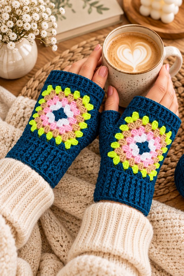 Women's Fingerless Knitted Gloves Navy Blue Hand Knitted Winter Warm Gloves for Daily Use