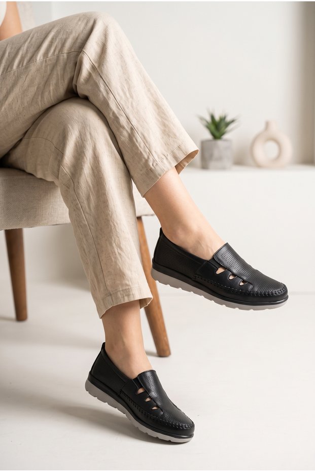 Women's Leather Laser Cut Perforated Comfortable Casual Slip-On Shoes