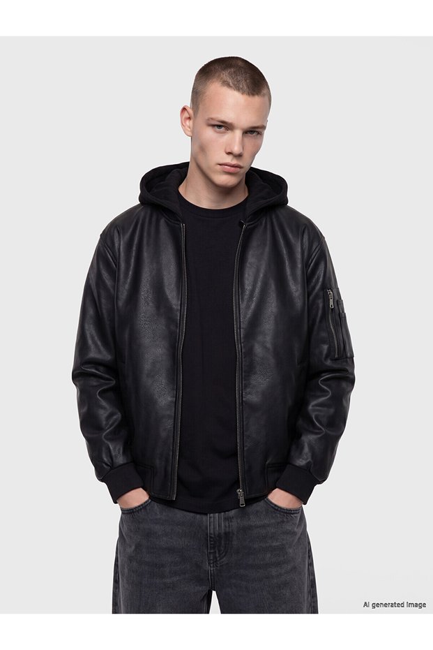 Peak New Season Black Regular Fit Hooded Men's Leather-Look Jacket.