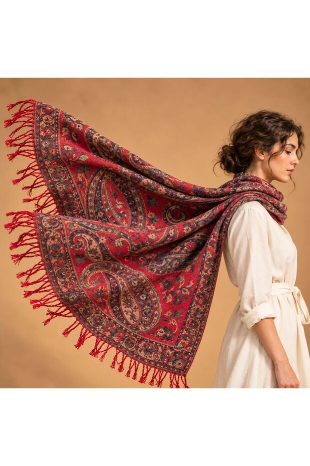 Flr-5027 Red Paisley Patterned Double-Sided Cashmere Shawl | Eos Collective