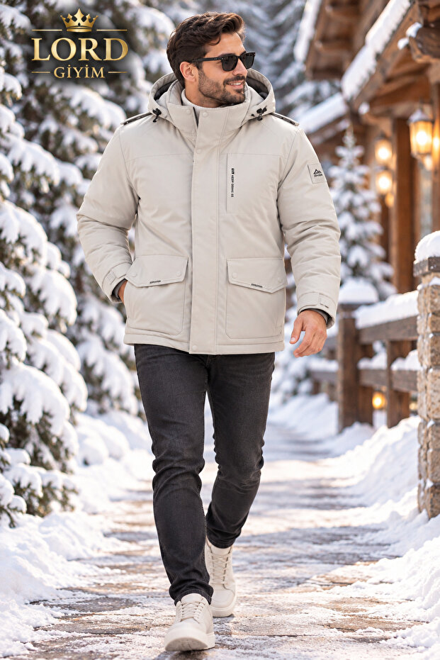 Men's Stone Color Hooded Goose down Coat