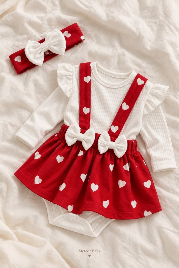 Baby Girl Dress Heart Red Dress White Long Sleeve Bow Hairband 3 6 9 12 Months