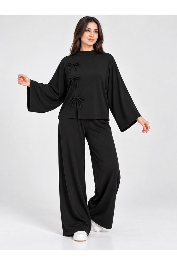 Women's Oversized Batwing Sleeve Bow Tie Blouse and Wide Leg Pants Set