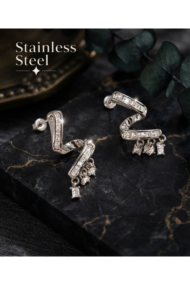 Brass Silver Color Zircon Stone Curved Model Earrings
