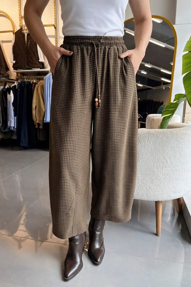 Dark Blue Red Small Checked Pants with Elastic Waist Per51459