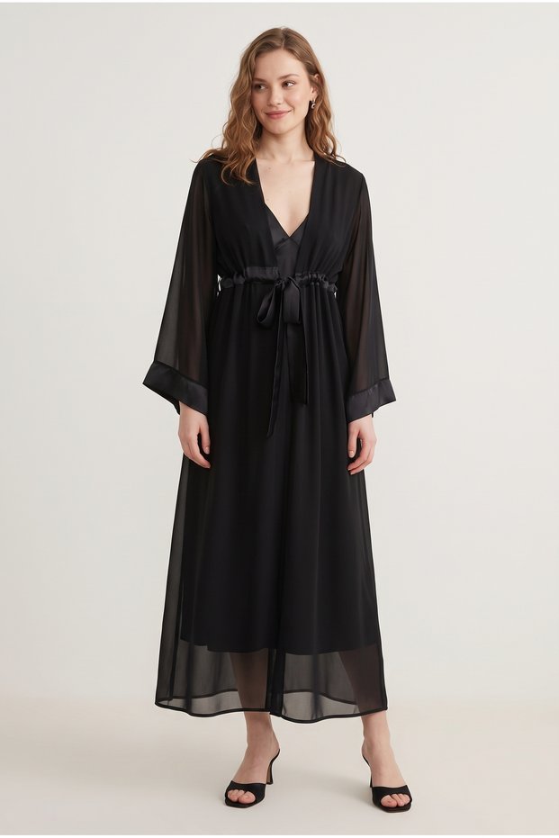Women's Black Elegant Belted Long Dressing Gown and Underwear Set