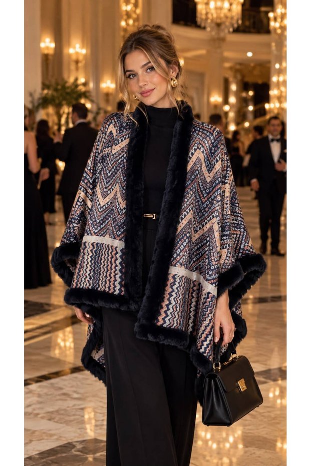 Navy Blue Premium Faux Fur Zigzag Patterned Woven Women's Poncho
