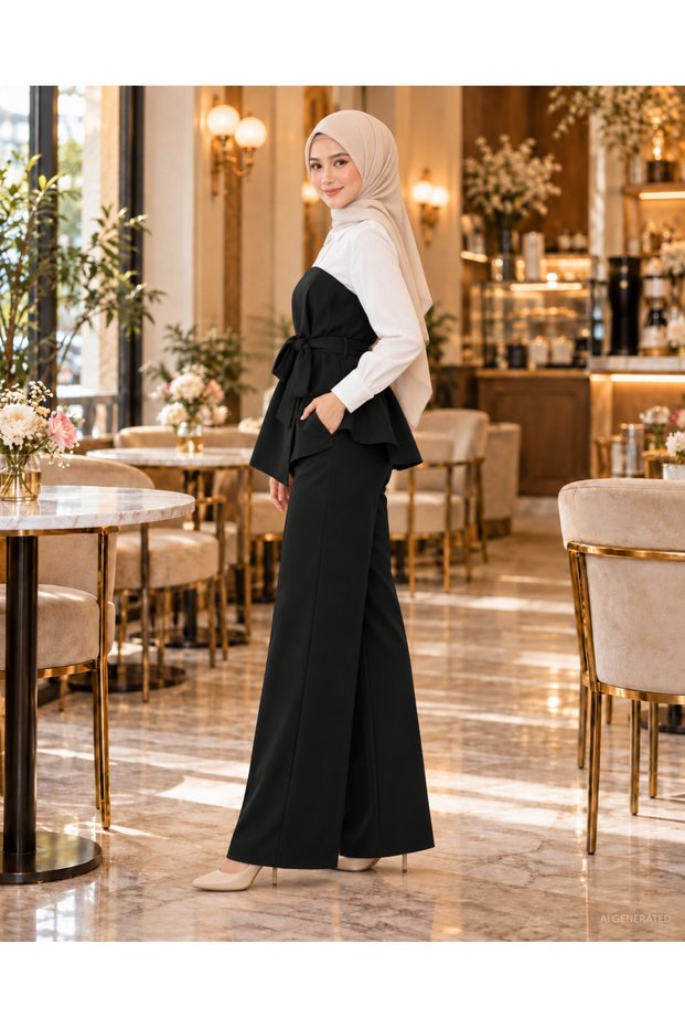 Belted Waist, Original Design - Women's Collared Asymmetrical Blouse and Slit Wide-Leg Imported Crepe Trousers Two-Piece Set
