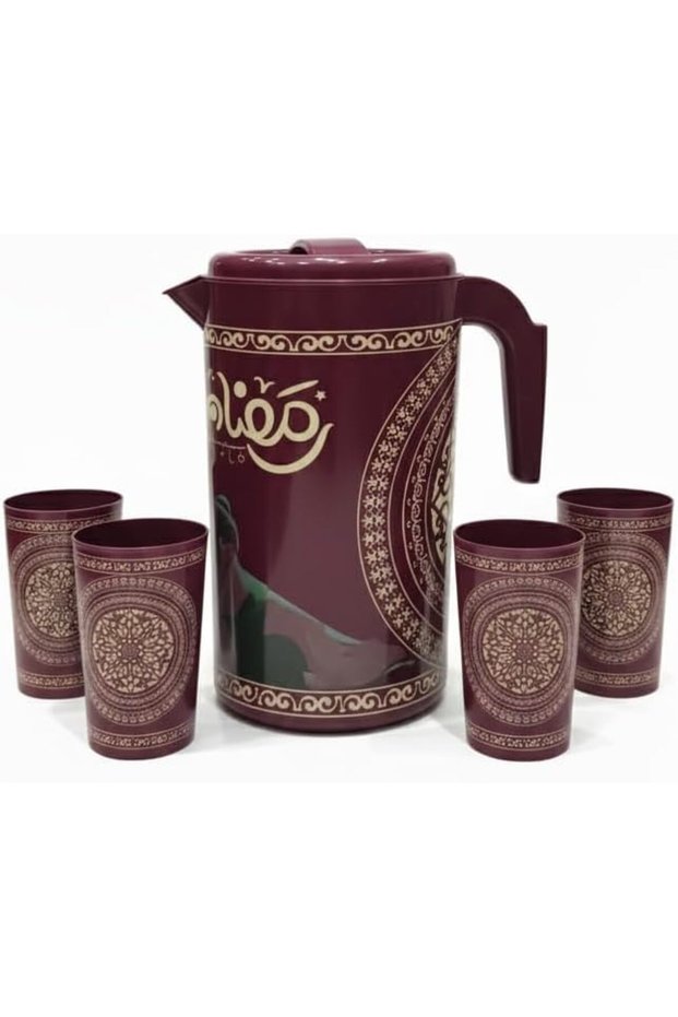 طقم رمضان أنيق مع إبريق و4 أكواب متطابقة، إبريق زخرفي بنمط هندسي عربي، 2