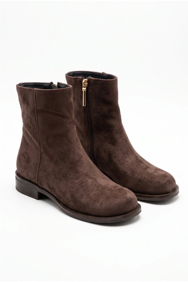 Women's Gold Zipper Detailed Flat Heeled Round Toe Ankle Boots - Verona - Brown Suede