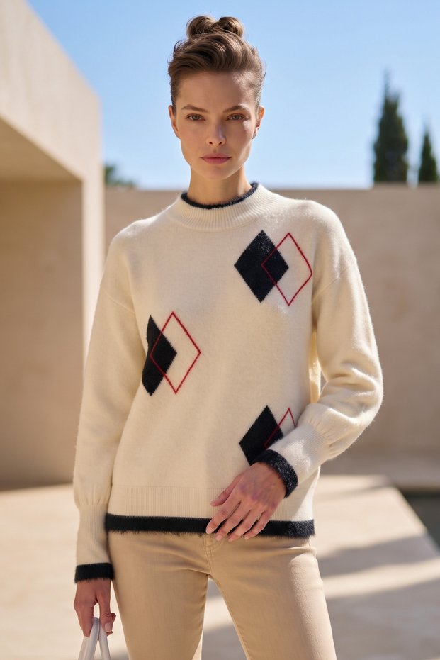 Ecru Crew Neck Long Sleeve Argyle Patterned Skirt and Sleeveless Plush Glitter Casual Knitwear Sweater 68 64