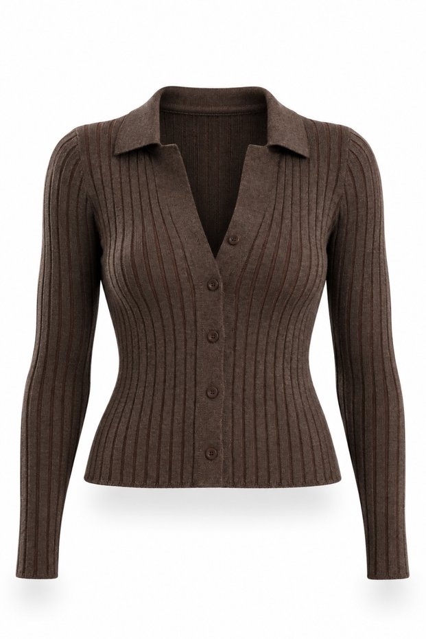 Brown Polo Collar Ribbed Cardigan 261071