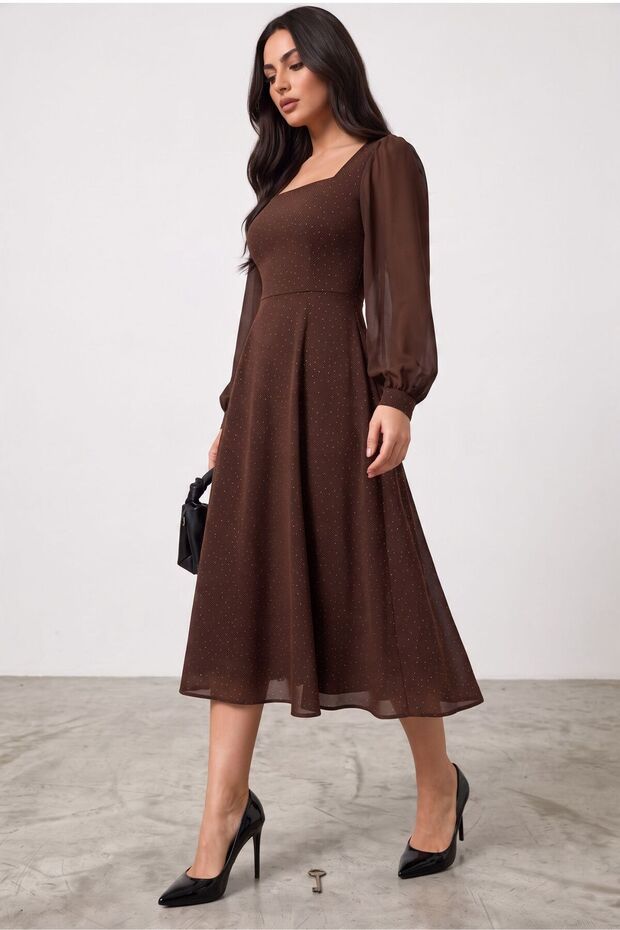 Women's Square Neck Stone Detailed Chiffon Long Sleeve Flared Midi Dress 36-50 Size 2842