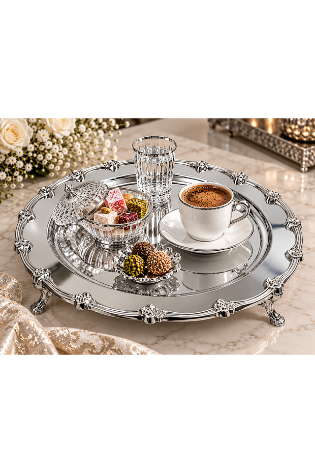 Round Series Metal Presentation Promise Engagement Tray with Stand, Silver Tray Silver Accessory