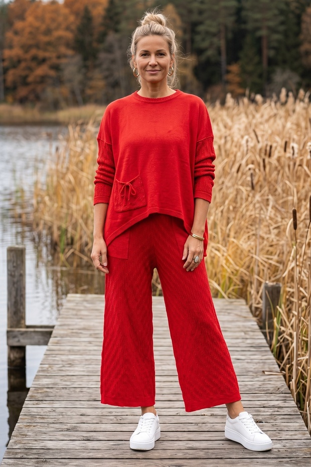 Red Crew Neck Pocketed Double Set Elastic Waist Jacquard Knitwear Top and Bottom Set 62-97 68-70