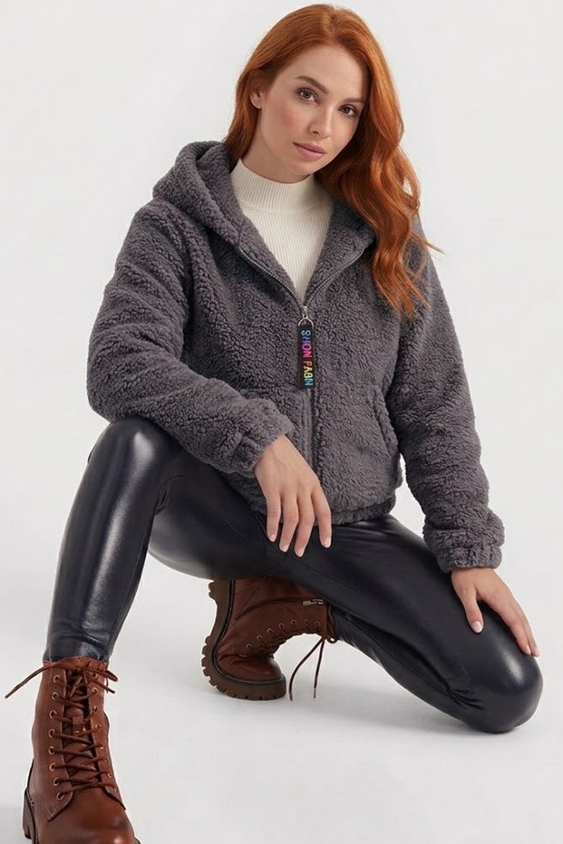 Black Plush Cardigan with Hood and Pockets, Anti-Pilling