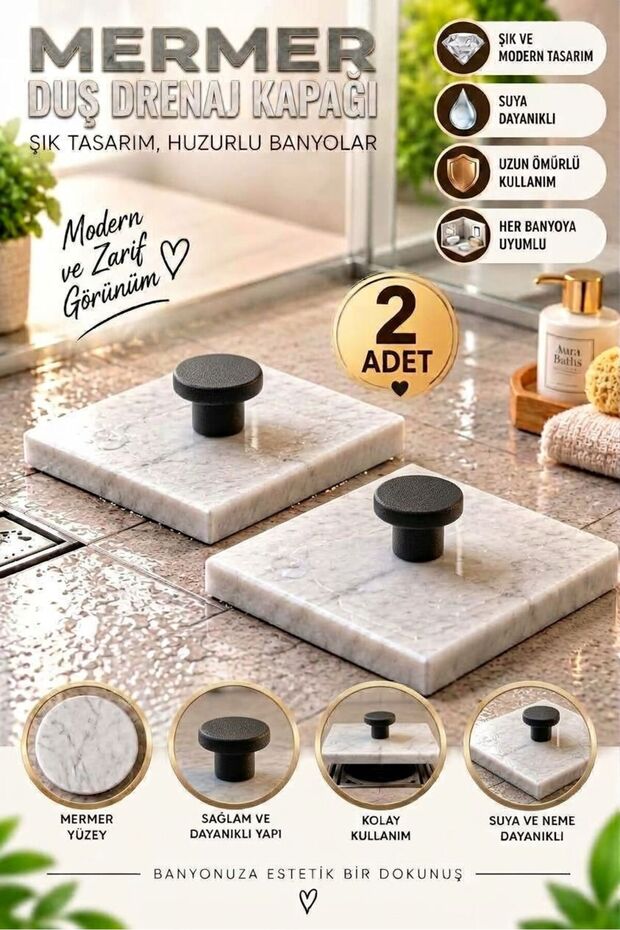 2 Pieces of Real Marble Bathroom Drain Cover with Handle and Foot 10X10 cm Anti-Odor and Anti-Pest Strainer Cover
