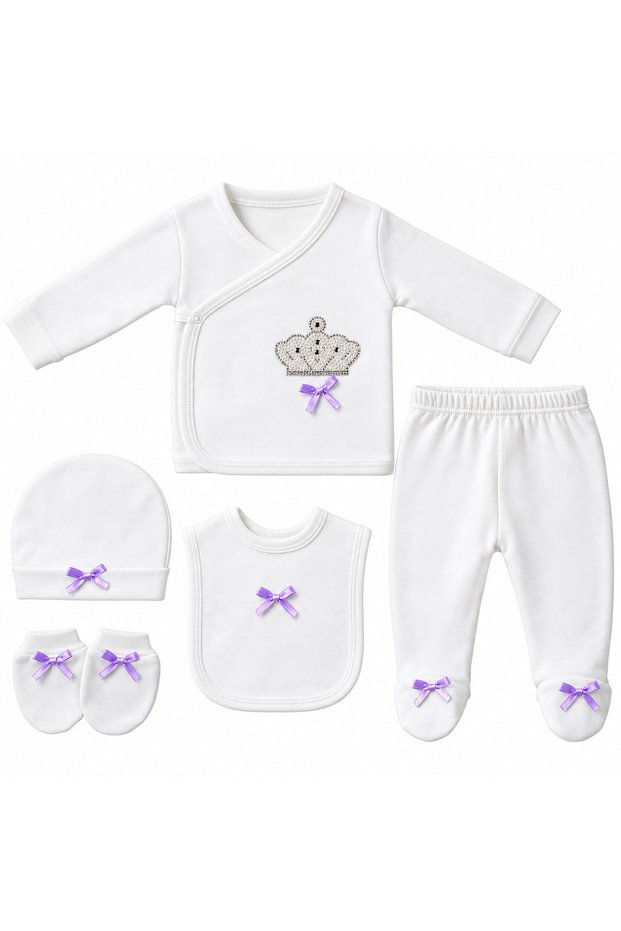 Newborn Baby Girl 5-Piece Hospital Discharge Set Crown Printed Lilac Bowknot Booties Baby Set